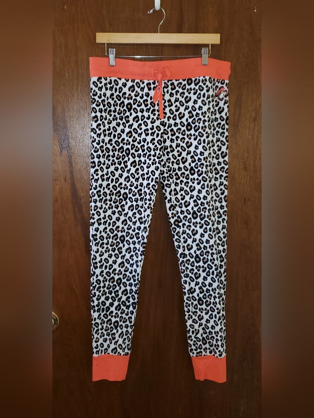 Buc-ees Leopard Print Knit Pants with Coral Trim Sz Large Lounge